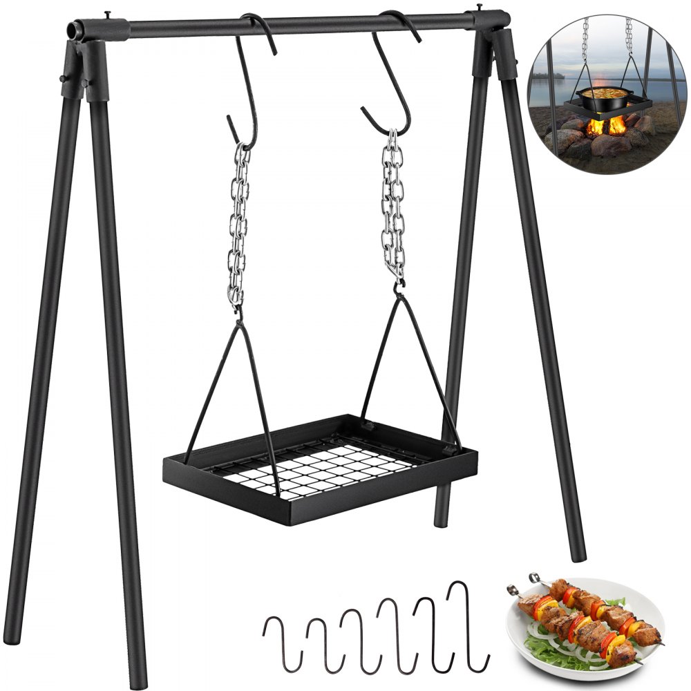 VEVOR Swing Grill Campfire Cooking Stand, Outdoor Picnic Cookware, Bonfire Party Equipment,Adjustable Heightwith Hooks,Black