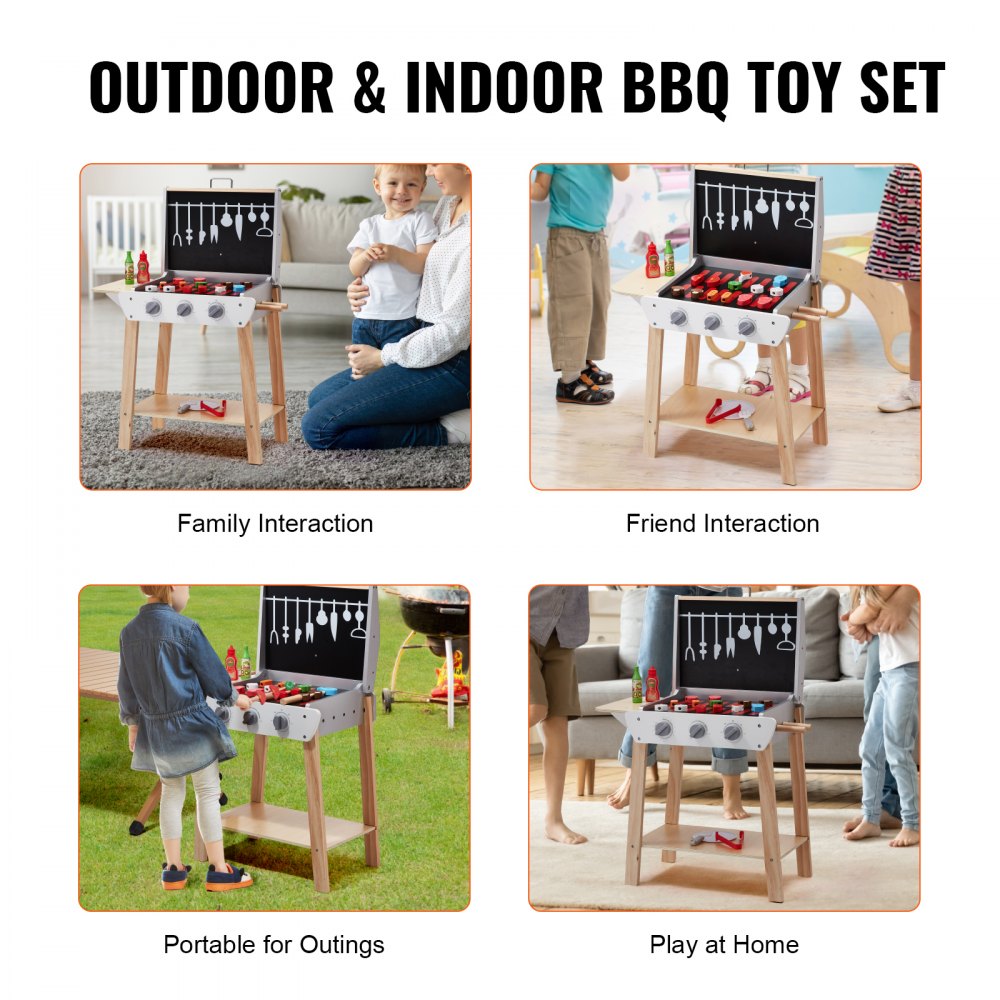 VEVOR Wooden Play Barbecue Toy Grill, Kids Grill Playset with Play Food and Grilling Tools, Wooden Play Food Kitchen Accessory (21 PCS), Pretend Play Cooking Toy for Toddlers Boys Girls Age 3+ Gift