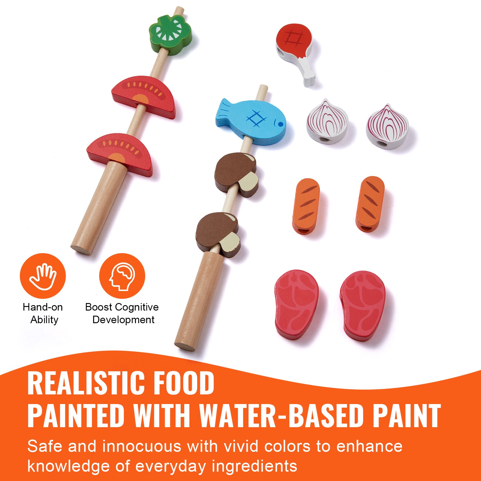 VEVOR Wooden Play Barbecue Toy Grill, Kids Grill Playset with Play Food and Grilling Tools, Wooden Play Food Kitchen Accessory (21 PCS), Pretend Play Cooking Toy for Toddlers Boys Girls Age 3+ Gift