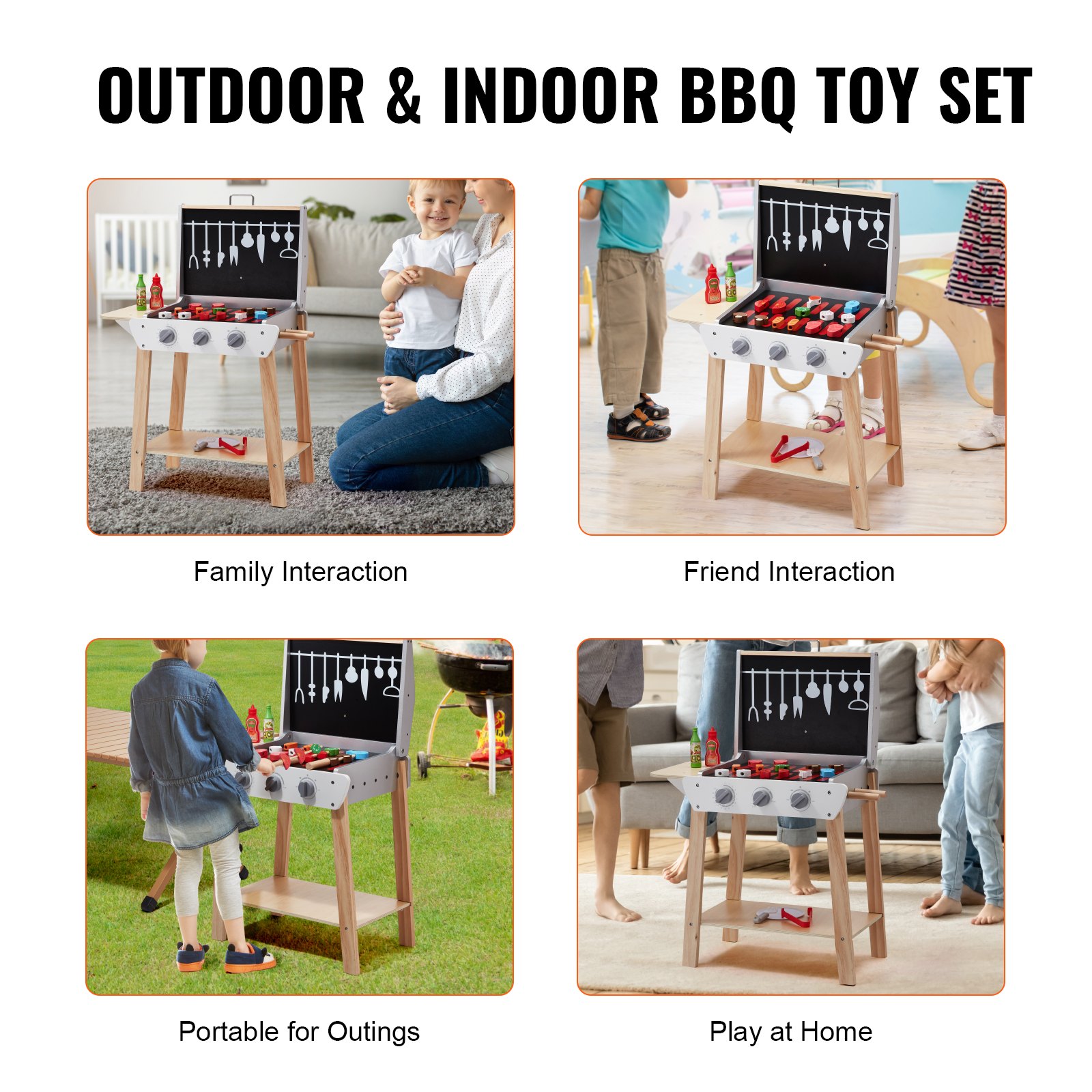 VEVOR Wooden Play Barbecue Toy Grill, Kids Grill Playset with Play Food and Grilling Tools, Wooden Play Food Kitchen Accessory (21 PCS), Pretend Play Cooking Toy for Toddlers Boys Girls Age 3+ Gift