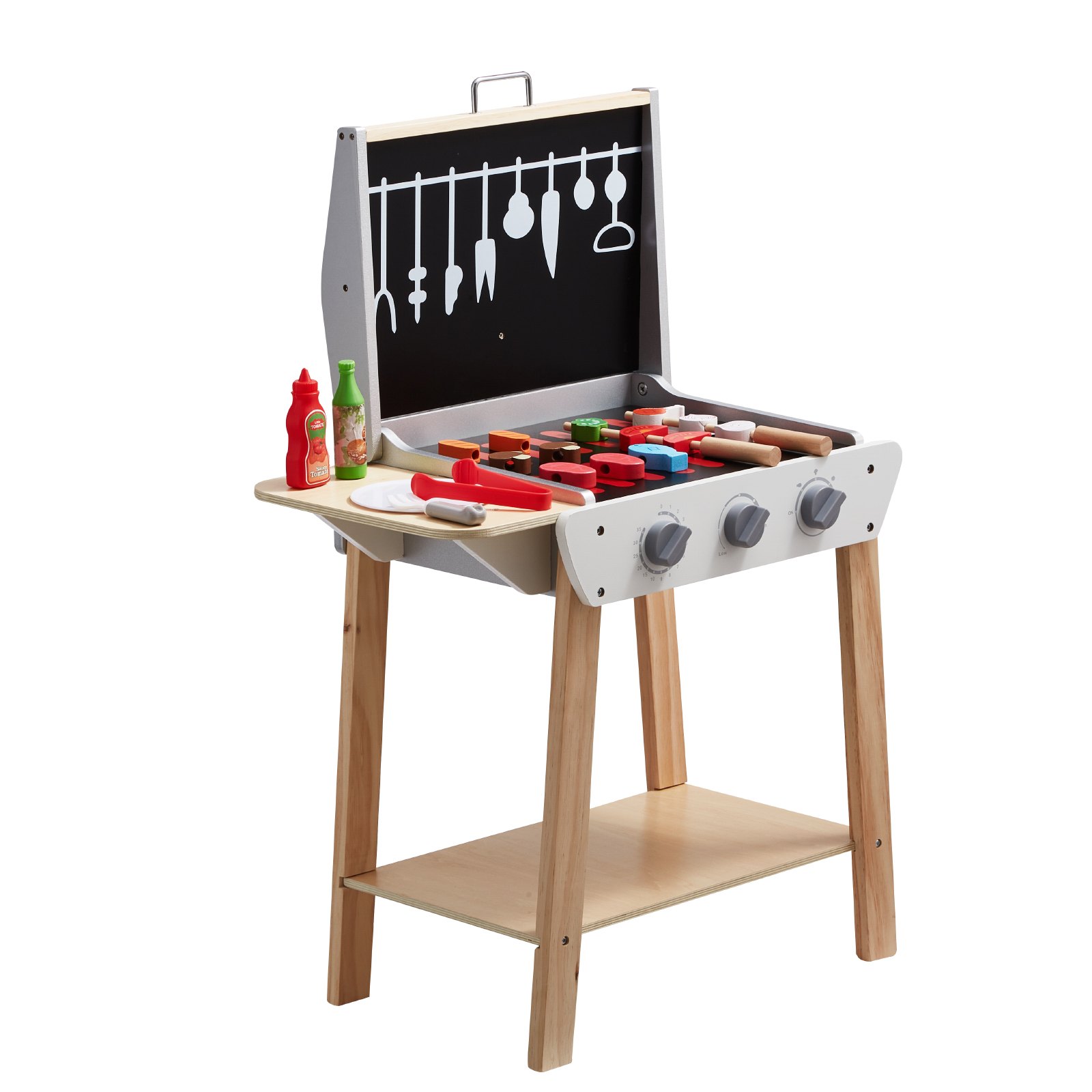 VEVOR Wooden Play Barbecue Toy Grill, Kids Grill Playset with Play Food and Grilling Tools, Wooden Play Food Kitchen Accessory (21 PCS), Pretend Play Cooking Toy for Toddlers Boys Girls Age 3+ Gift