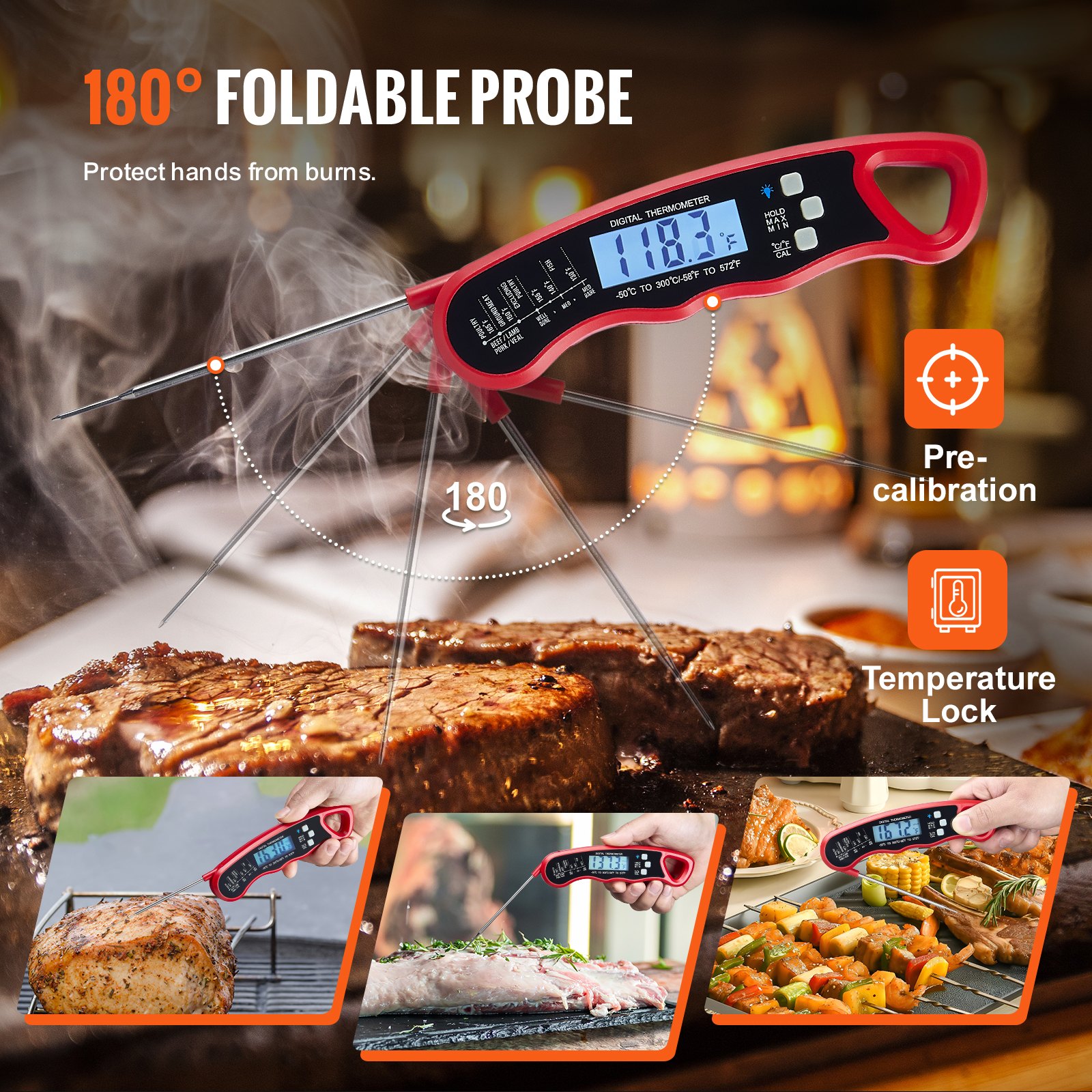 VEVOR Digital Grill Thermometer, 1°F High-precision thermometer for Grill and Cooking, -58~572°F Measuring Range, IP65 Waterproof 3s measure, 180° Foldable Probe with Backlight & Back Magnetic