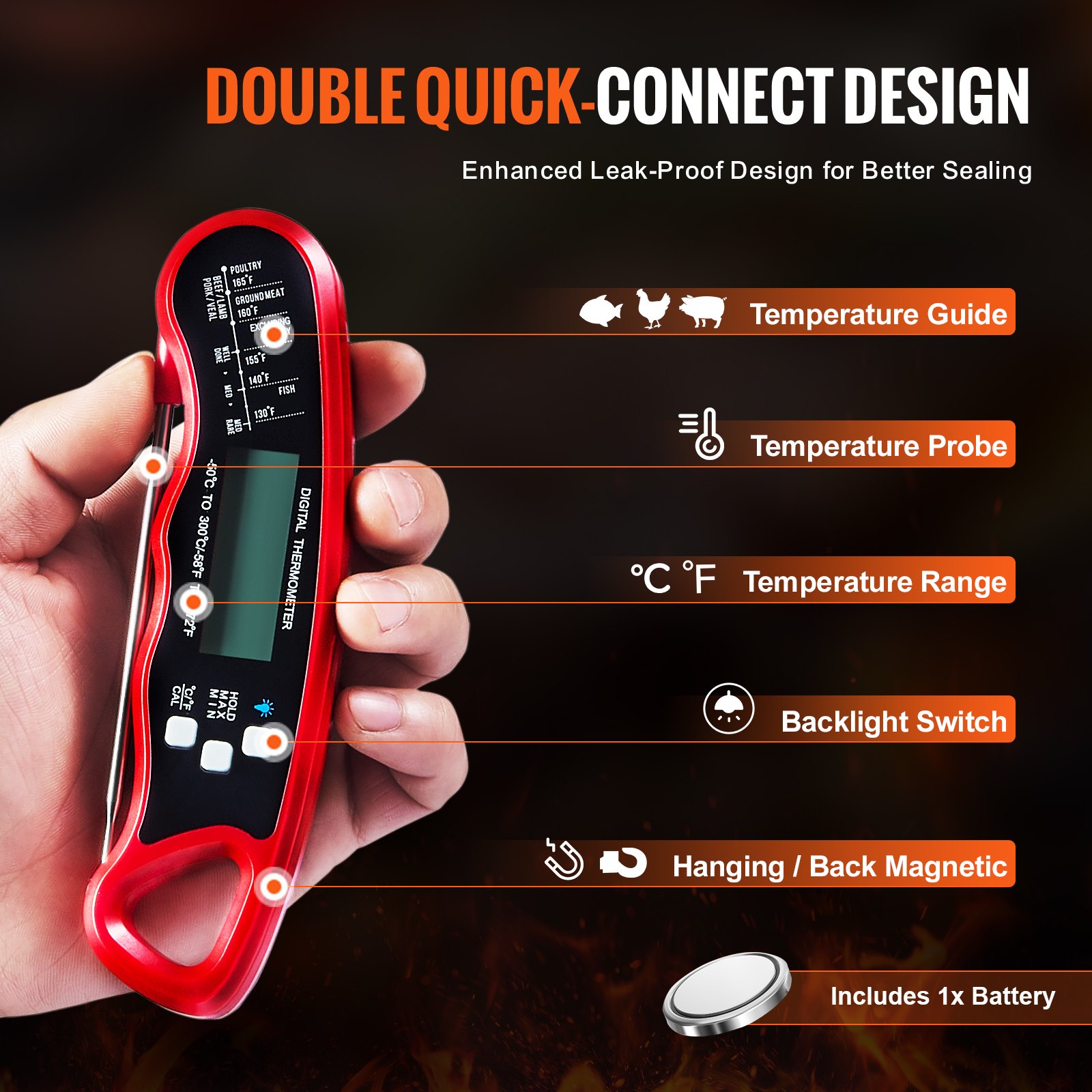 VEVOR Digital Grill Thermometer, 1°F High-precision thermometer for Grill and Cooking, -58~572°F Measuring Range, IP65 Waterproof 3s measure, 180° Foldable Probe with Backlight & Back Magnetic