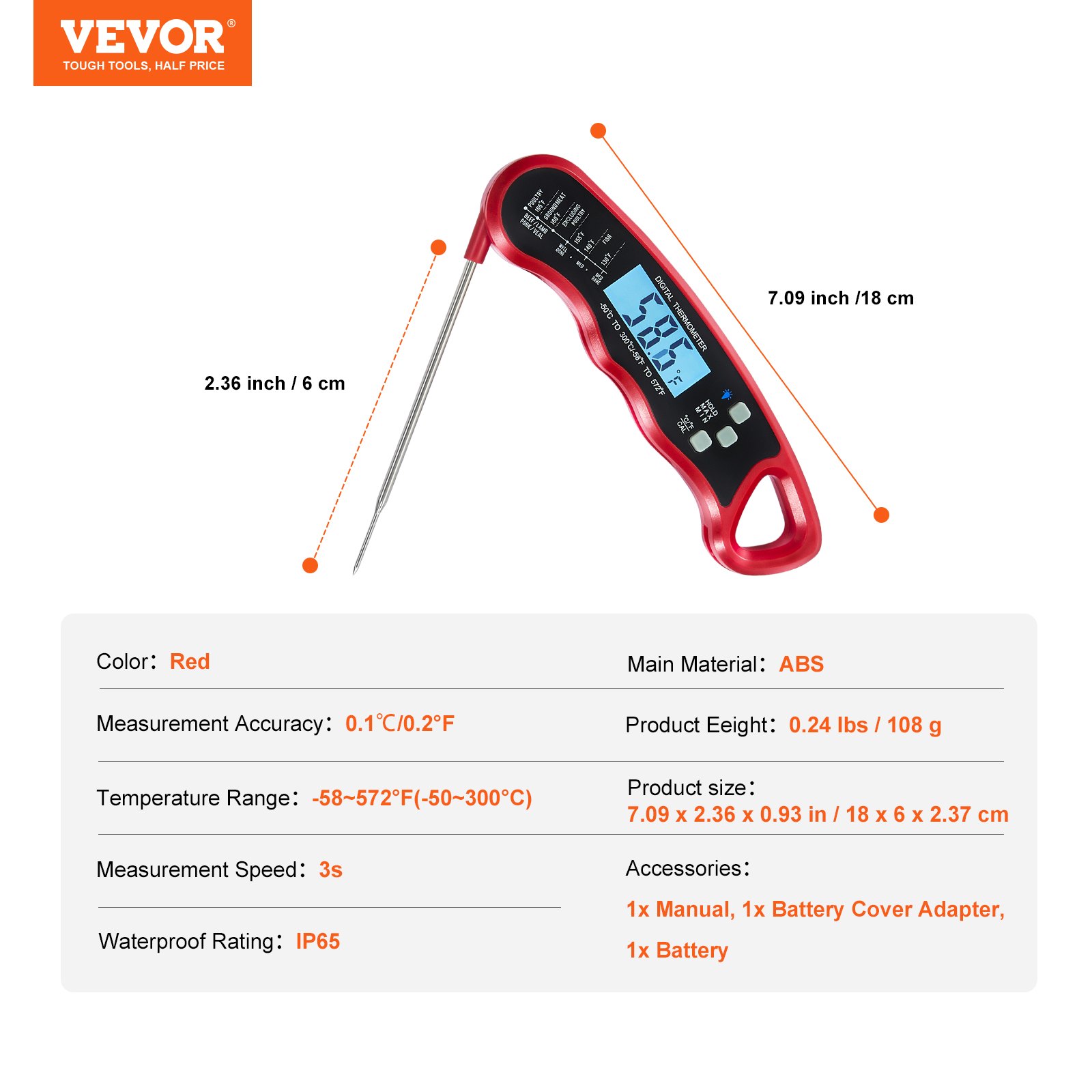 VEVOR Digital Grill Thermometer, 1°F High-precision thermometer for Grill and Cooking, -58~572°F Measuring Range, IP65 Waterproof 3s measure, 180° Foldable Probe with Backlight & Back Magnetic