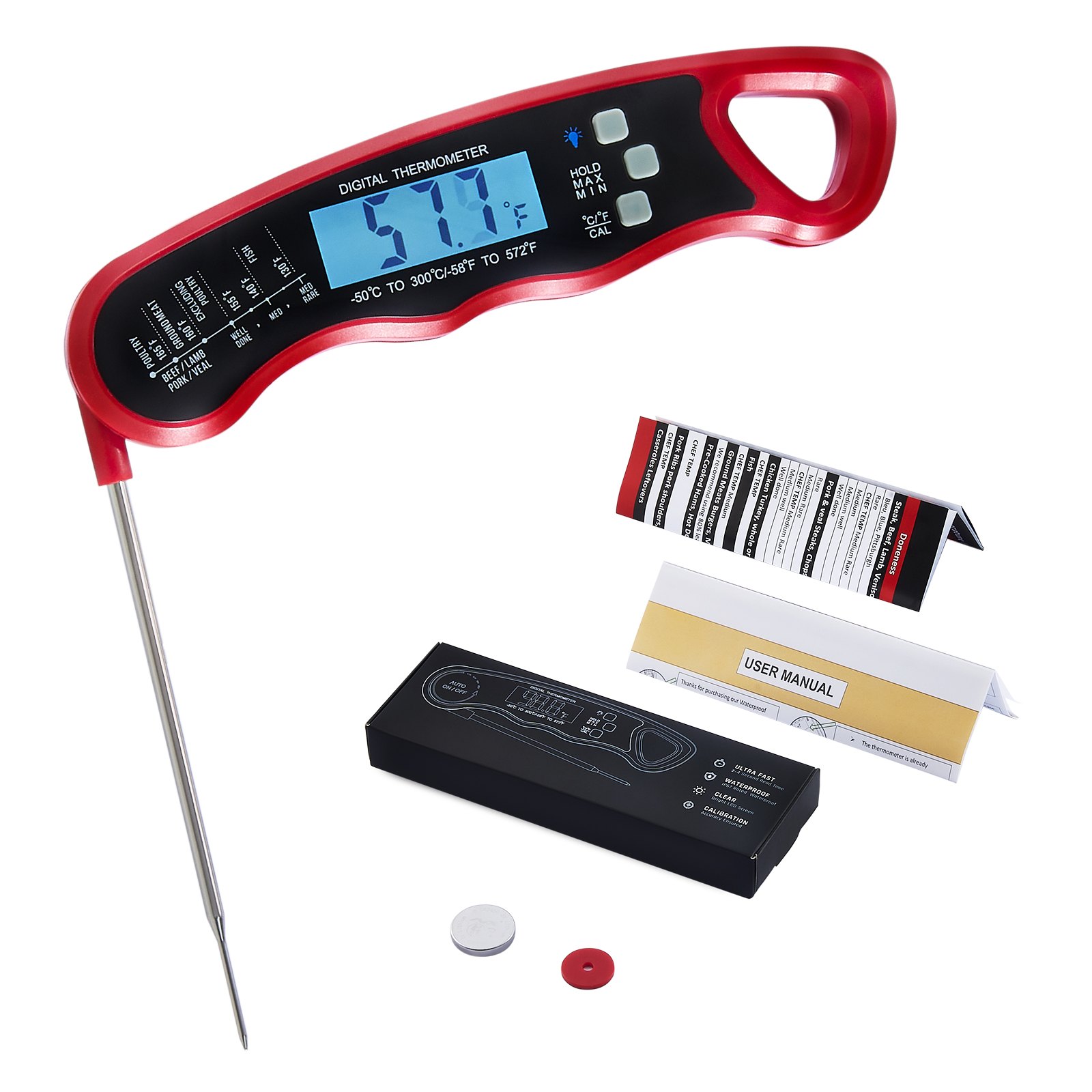 VEVOR Digital Grill Thermometer, 1°F High-precision thermometer for Grill and Cooking, -58~572°F Measuring Range, IP65 Waterproof 3s measure, 180° Foldable Probe with Backlight & Back Magnetic