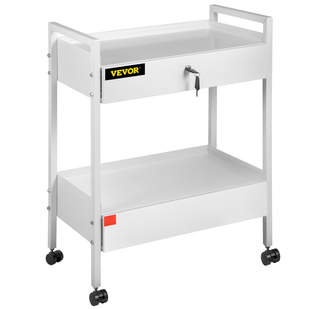 VEVOR Lab Cart, 2 Tiers Stainless Steel Utility Cart Medical Cart 2 Drawers Rolling Lab Cart White Paint Serving Cart with 360° Casters for Laboratory Hospital Dental Office Salon Beauty
