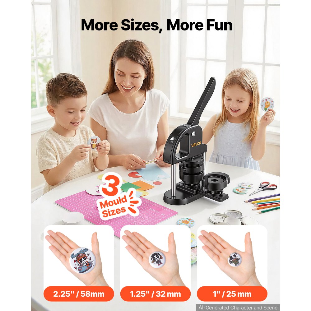 VEVOR Button Maker Machine 1"/1.25"/2.25"(25/32/58 mm) Pin Maker Black, with 300pcs Button Parts, Circle Cutter and Magic Book, Ergonomic Handle, for DIY Badges, Pins, Fridge Magnets and Key Chains