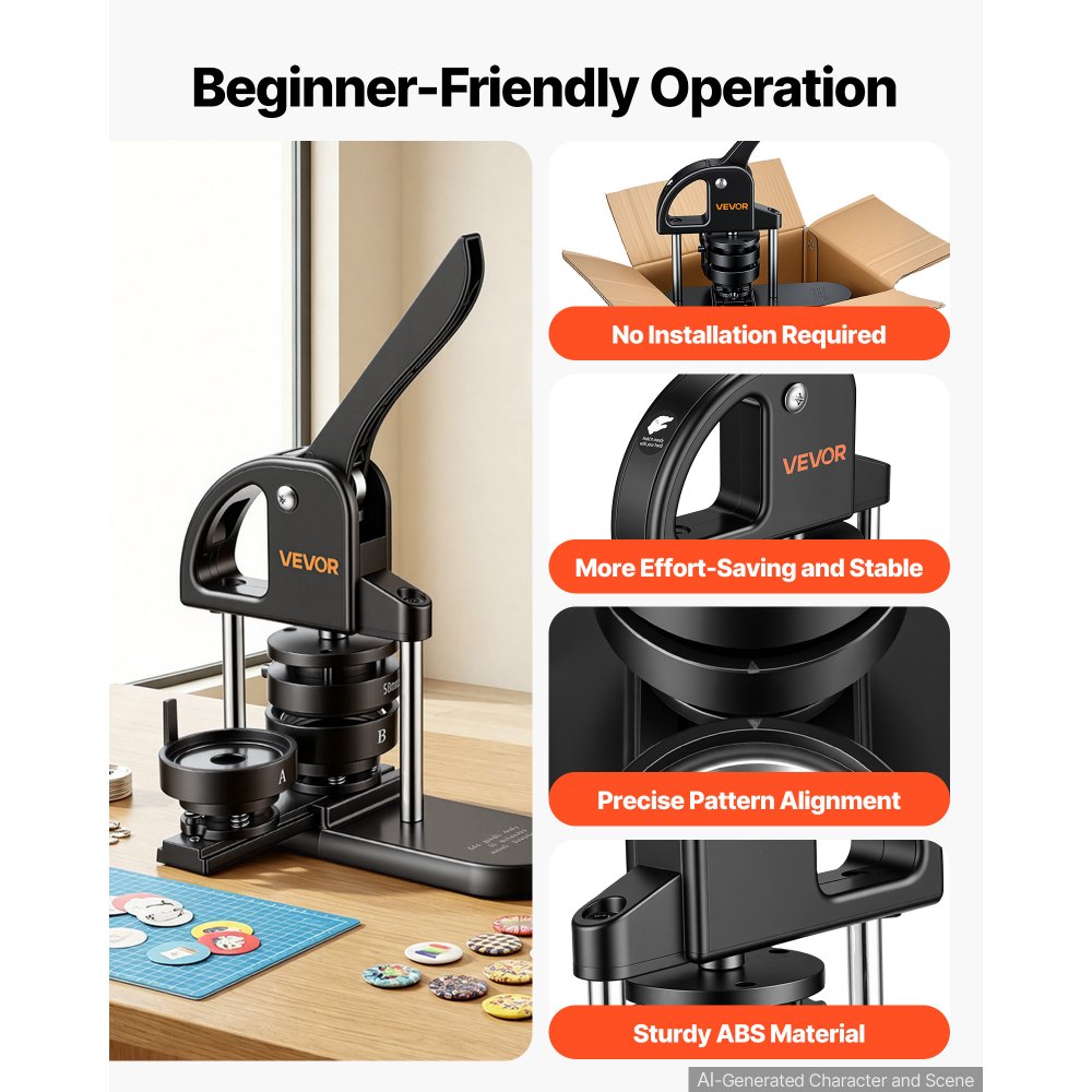 VEVOR Button Maker Machine 1"/1.25"/2.25"(25/32/58 mm) Pin Maker Black, with 300pcs Button Parts, Circle Cutter and Magic Book, Ergonomic Handle, for DIY Badges, Pins, Fridge Magnets and Key Chains