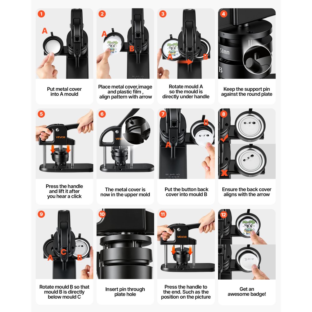 VEVOR Button Maker Machine 1"/1.25"/2.25"(25/32/58 mm) Pin Maker Black, with 300pcs Button Parts, Circle Cutter and Magic Book, Ergonomic Handle, for DIY Badges, Pins, Fridge Magnets and Key Chains