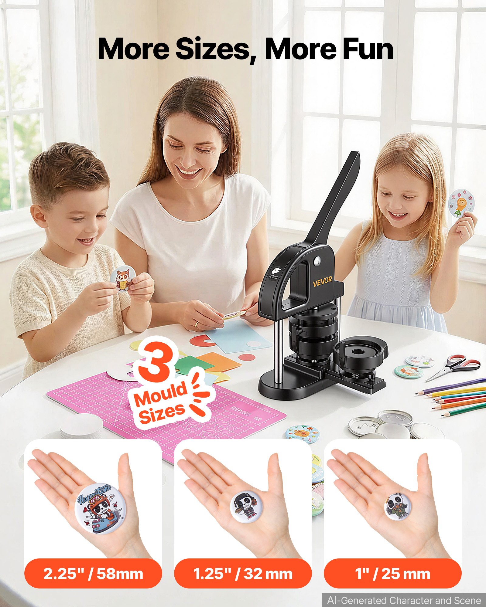 VEVOR Button Maker Machine 1"/1.25"/2.25"(25/32/58 mm) Pin Maker Black, with 300pcs Button Parts, Circle Cutter and Magic Book, Ergonomic Handle, for DIY Badges, Pins, Fridge Magnets and Key Chains