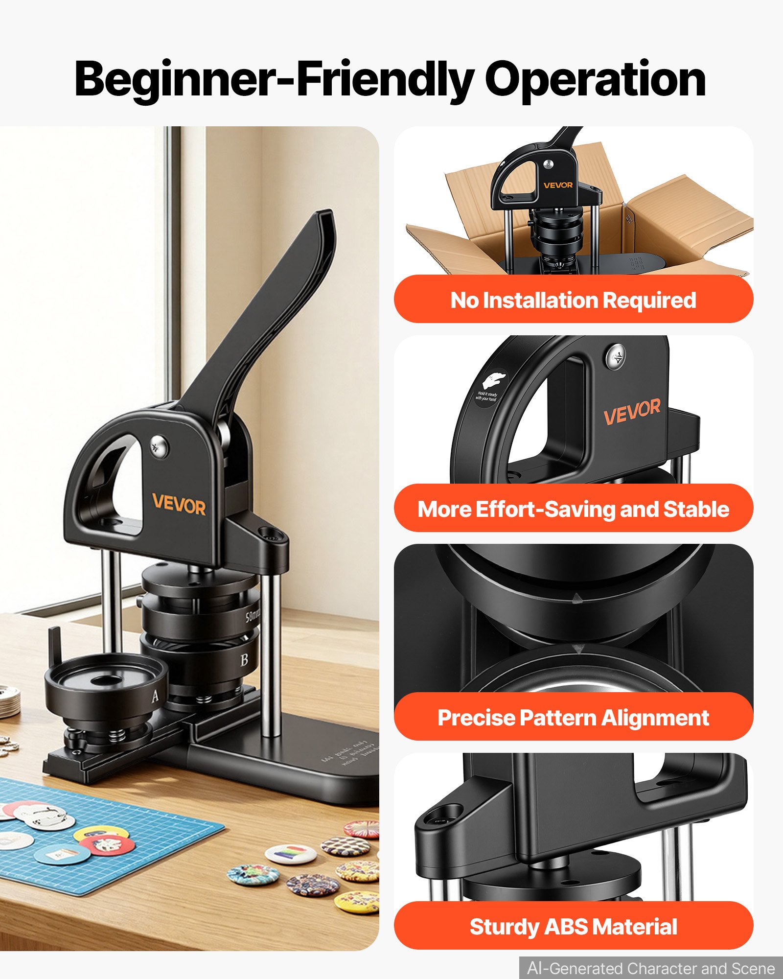 VEVOR Button Maker Machine 1"/1.25"/2.25"(25/32/58 mm) Pin Maker Black, with 300pcs Button Parts, Circle Cutter and Magic Book, Ergonomic Handle, for DIY Badges, Pins, Fridge Magnets and Key Chains