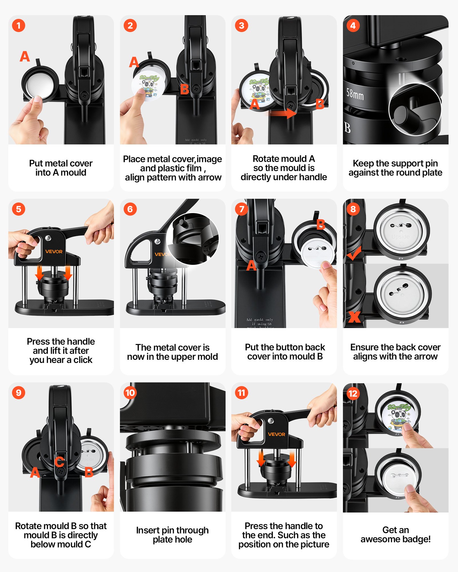 VEVOR Button Maker Machine 1"/1.25"/2.25"(25/32/58 mm) Pin Maker Black, with 300pcs Button Parts, Circle Cutter and Magic Book, Ergonomic Handle, for DIY Badges, Pins, Fridge Magnets and Key Chains