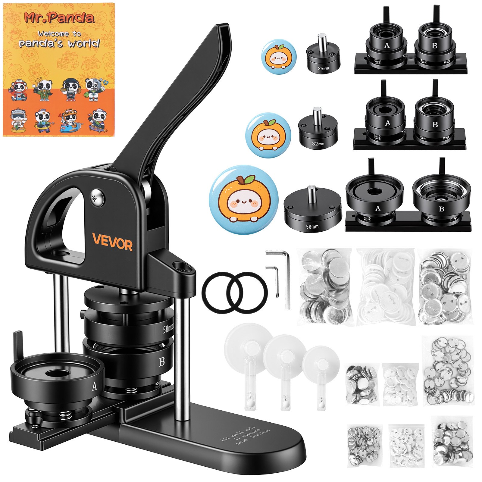 VEVOR Button Maker Machine 1"/1.25"/2.25"(25/32/58 mm) Pin Maker Black, with 300pcs Button Parts, Circle Cutter and Magic Book, Ergonomic Handle, for DIY Badges, Pins, Fridge Magnets and Key Chains