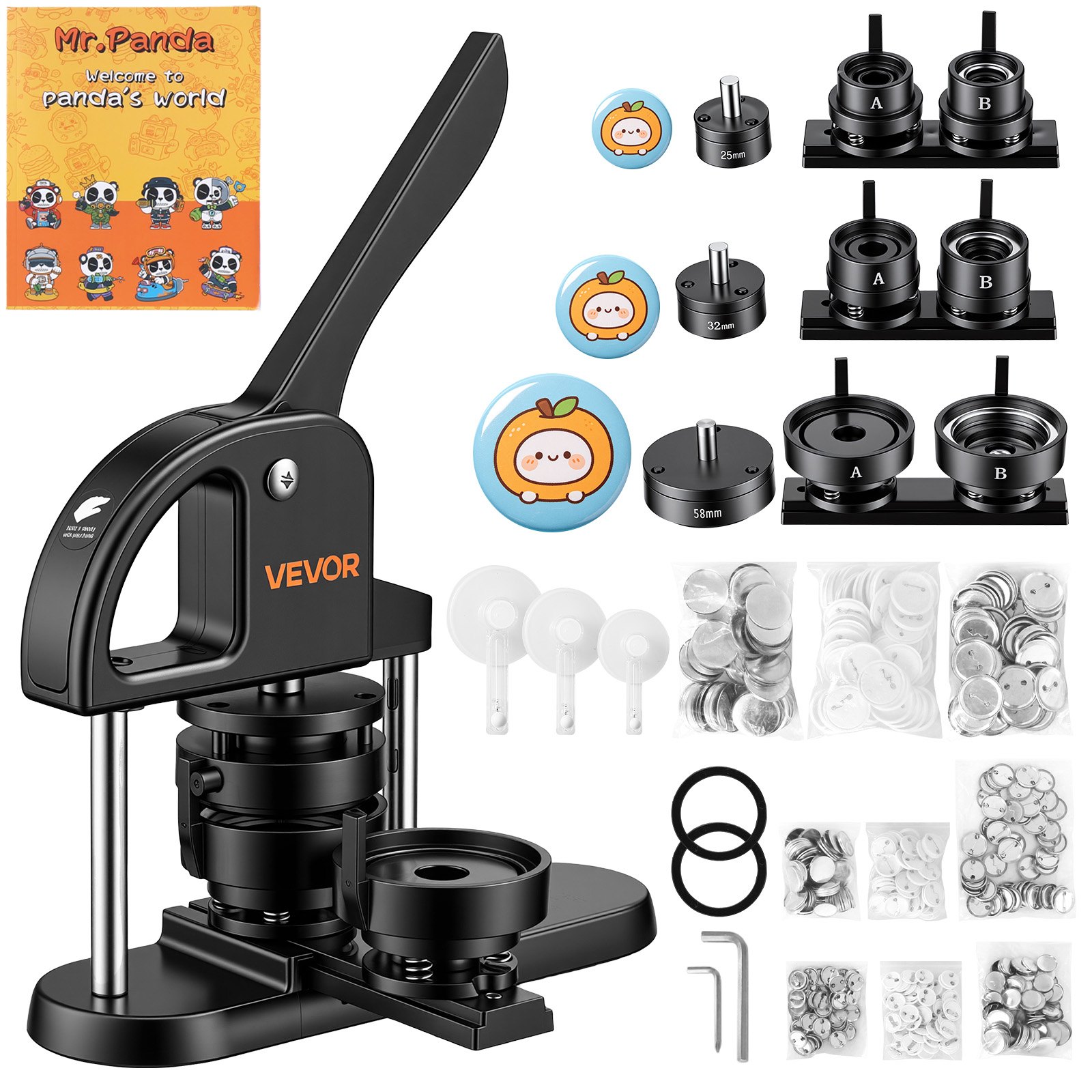 VEVOR Button Maker Machine 1"/1.25"/2.25"(25/32/58 mm) Pin Maker Black, with 300pcs Button Parts, Circle Cutter and Magic Book, Ergonomic Handle, for DIY Badges, Pins, Fridge Magnets and Key Chains