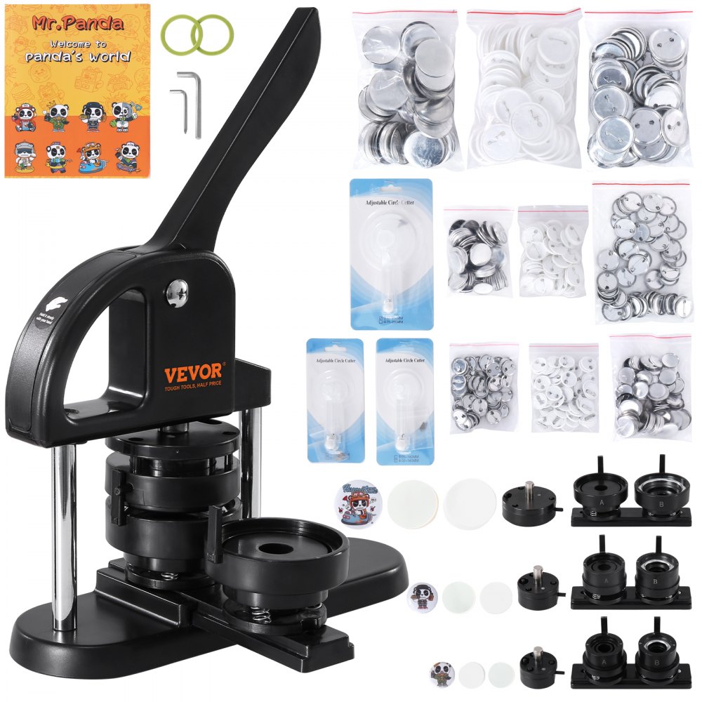 VEVOR Button Maker Machine, 1/1.25/2.28 inch(25/32/58mm) 3-in-1 Pin Maker, Installation-Free Badge Punch Press Kit, Button Making Supplies with 300pcs Button Parts, Circle Cutter, Magic Book