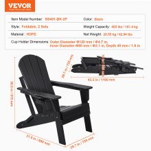 VEVOR Adirondack Chair Plastic Set of 2 All-Weather Folding Fire Pit Black