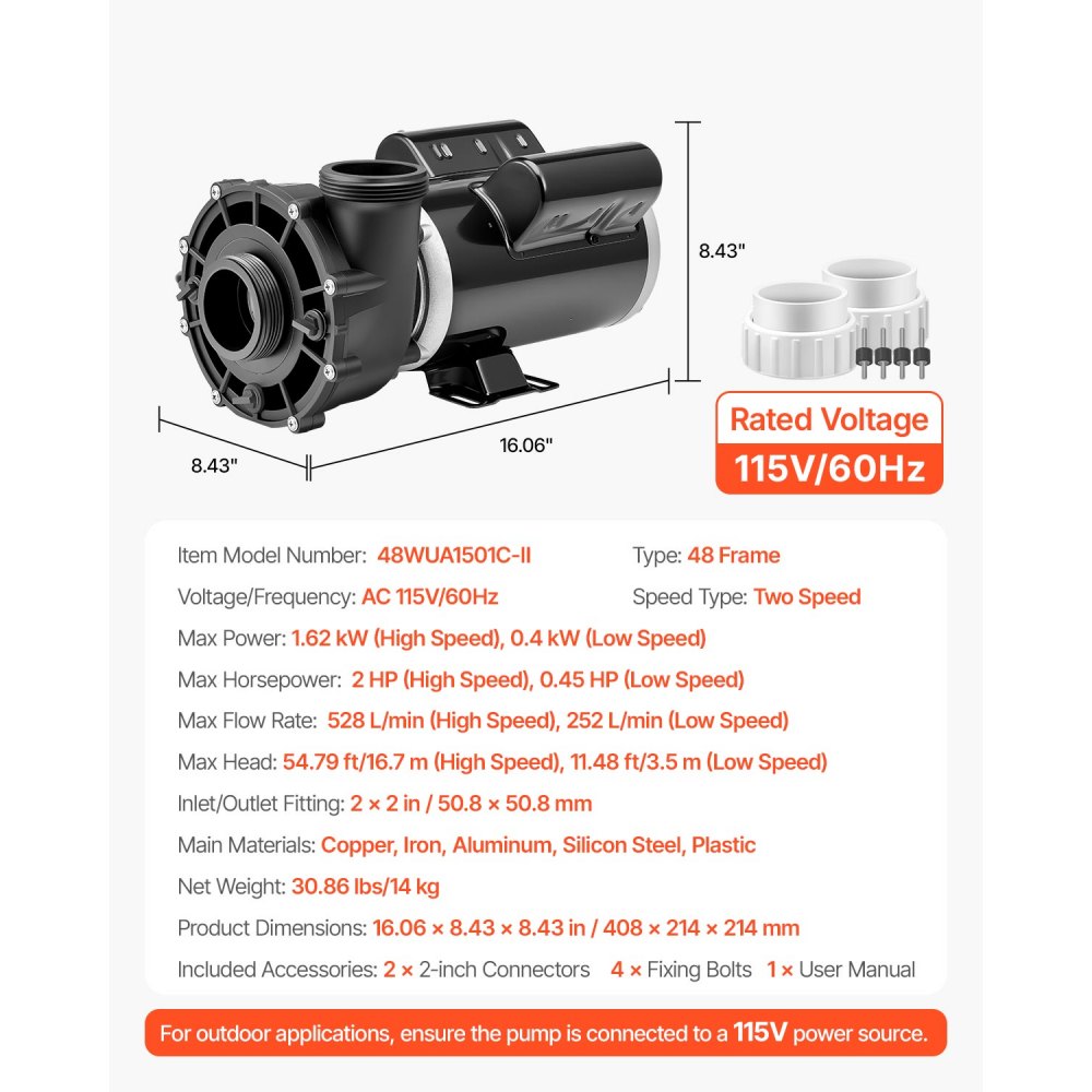 VEVOR SPA Pump, 2 HP, 2-Speed Hot Tub Pump with 2-Inch Port, 139.5 GPM High and 66.5 GPM Low Speed, 115V 60Hz, 48 Frame, for Sundance #6500-357/ #6500-845/ #6500-758/ #6500-345/ #6500-090/ #6500-258