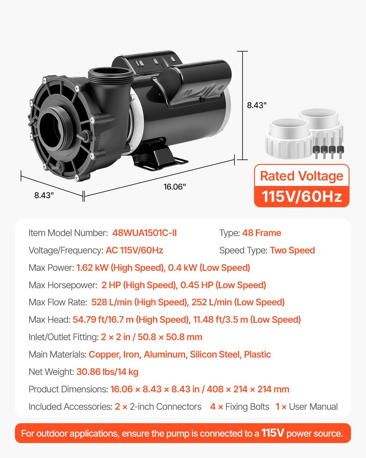 VEVOR SPA Pump, 2 HP, 2-Speed Hot Tub Pump with 2-Inch Port, 139.5 GPM High and 66.5 GPM Low Speed, 115V 60Hz, 48 Frame, for Sundance #6500-357/ #6500-845/ #6500-758/ #6500-345/ #6500-090/ #6500-258