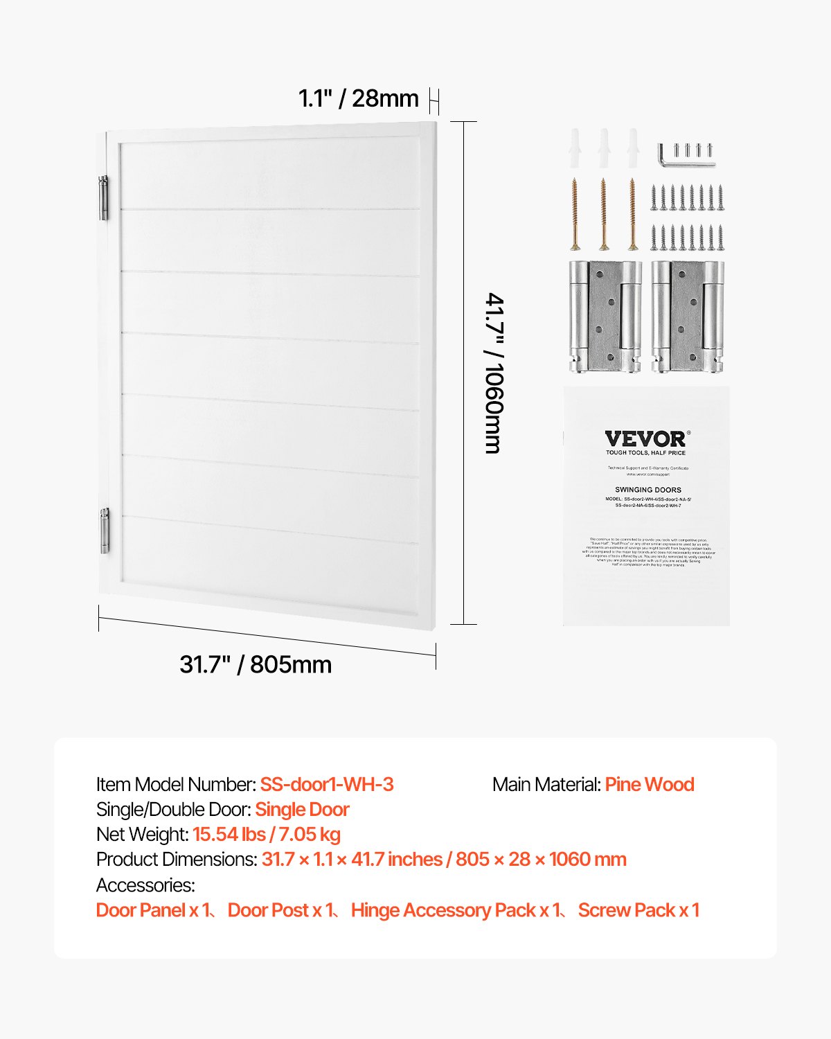 VEVOR Swinging Cafe Doors, Single Indoor Saloon Doors 81.3 x 106.7 cm, Square Design Made of Pine Wood, with Hinges & Hardware Kit, Easy to Install, for Hallway Kitchen Bar Pub Entrance, White