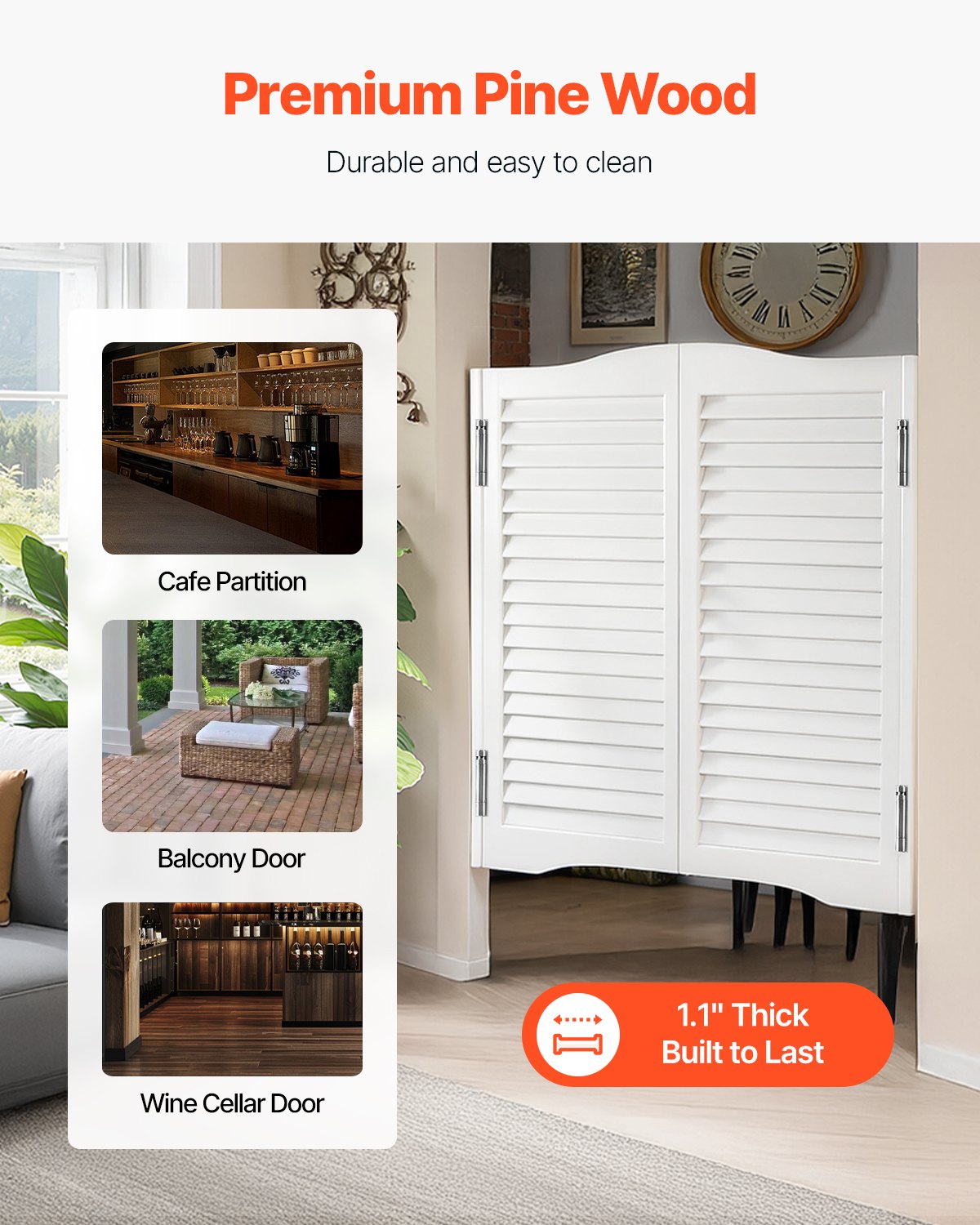 VEVOR Swinging Cafe Doors, Arched Top Interior Saloon Doors 81.3 x 91.4 cm, Double Action Made of Pine Wood, with Hinges & Hardware Kit, Easy to Install, for Hallway Kitchen Bar Pub Entrance, White