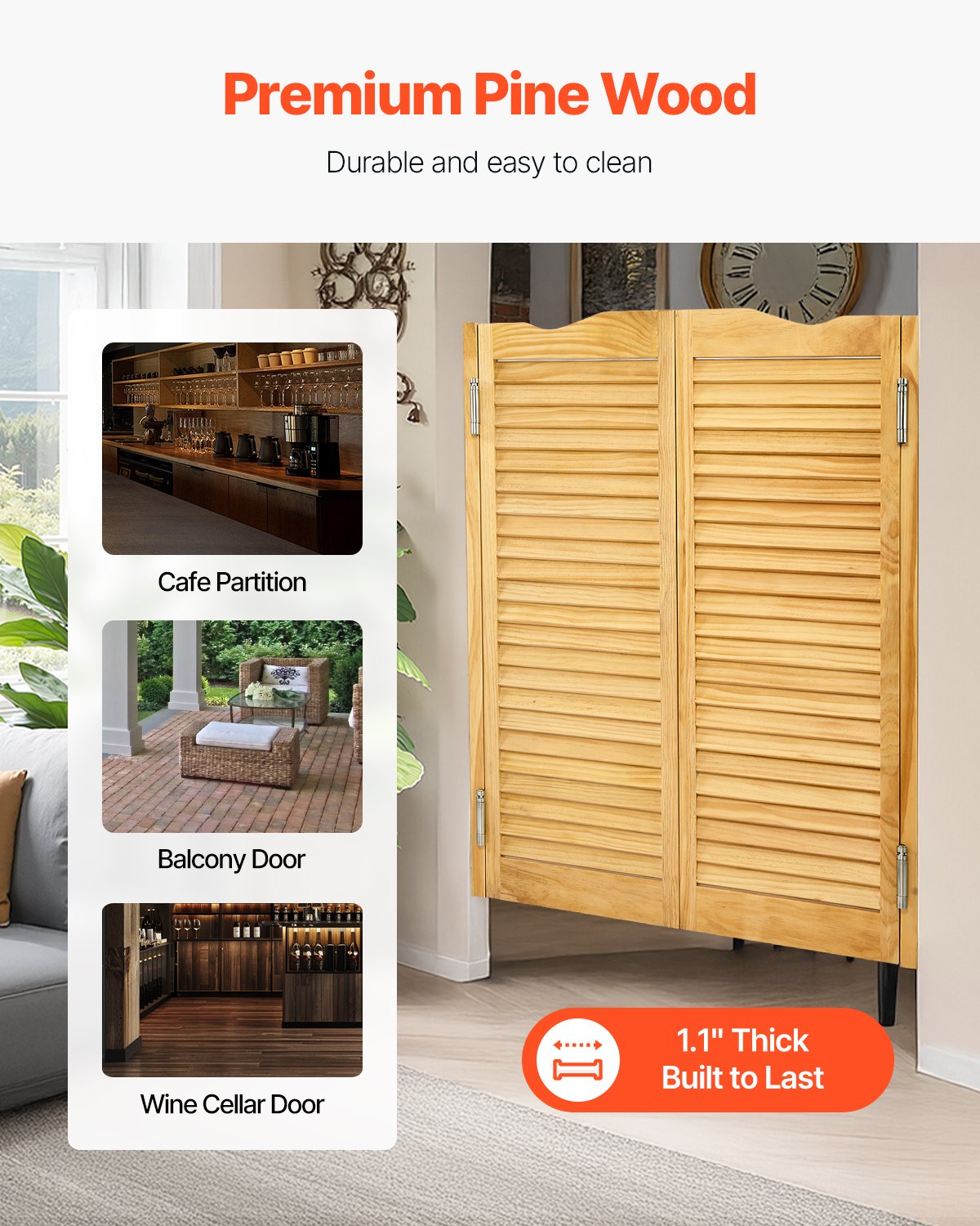 VEVOR Swinging Cafe Doors, Arched Top Interior Saloon Doors 91.4 x 106.7 cm, Double Action Made of Pine Wood, with Hinges & Hardware, Easy to Install, for Hallway Kitchen Bar Pub Entrance, Log Color