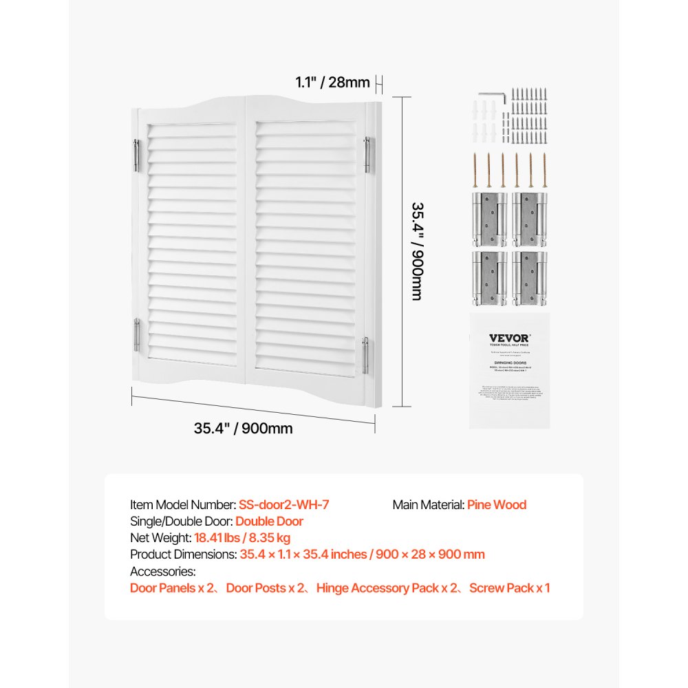 VEVOR Swinging Cafe Doors, Arched Top Interior Saloon Doors 91.4 x 91.4 cm, Double Action Made of Pine Wood, with Hinges & Hardware, Easy to Install, for Hallway Kitchen Bar Pub Entrance, White