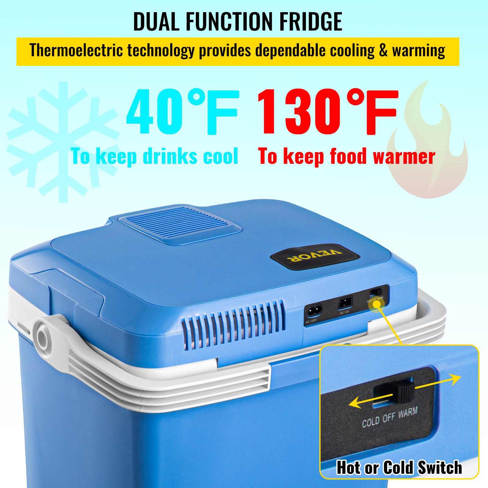 VEVOR Electric Cooler and Warmer, 28 Quart Portable Thermoelectric Fridge, Plug in Refrigerator with Collapsible Handle, 110V AC Home Power Cord & 12V Car Adapter for Camping Travel & Picnics