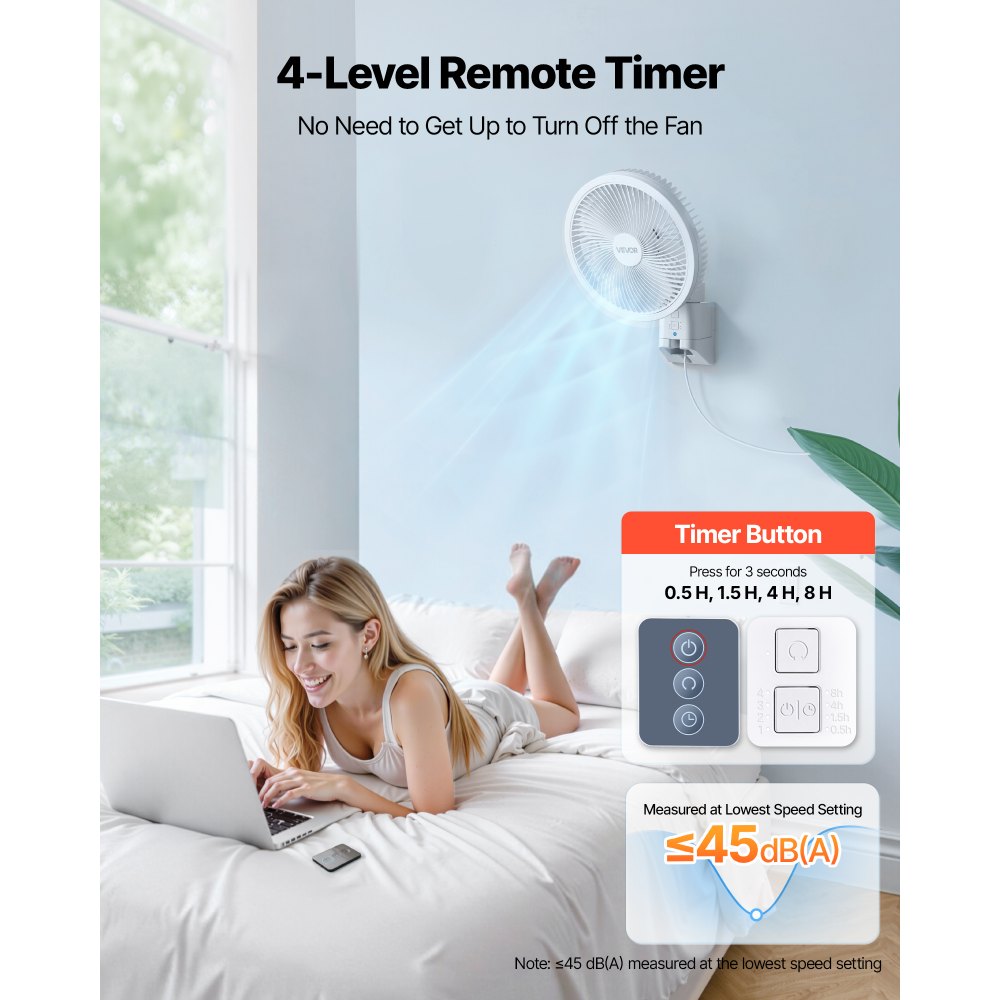 VEVOR 8.5 in Wall Mount Fan, Oscillating Hanging Fan with Remote Control, 10 ft Powerful Airflow, DC Motor, 4 Speeds & Timer, Auto 90° Horizontal & Manual Vertical Tilt, Ideal for Home, Office, RV