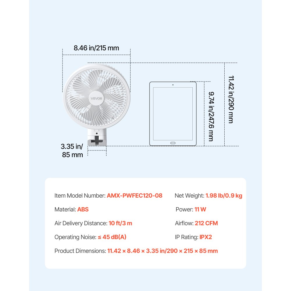 VEVOR 8.5 in Wall Mount Fan, Oscillating Hanging Fan with Remote Control, 10 ft Powerful Airflow, DC Motor, 4 Speeds & Timer, Auto 90° Horizontal & Manual Vertical Tilt, Ideal for Home, Office, RV