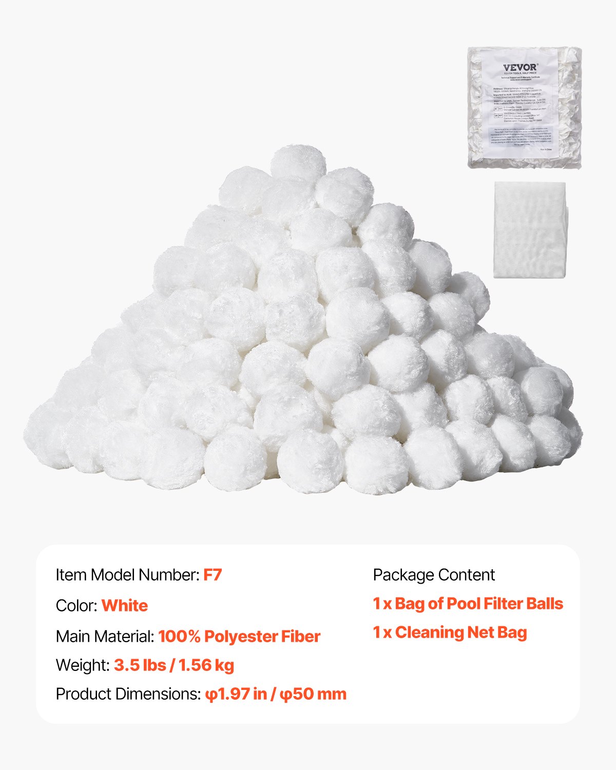 VEVOR Pool Filter Balls for Sand Filter, 1.56 kg, Filter Balls Replace Pool Filter Sand, Reusable Polyester Fiber Filter Media Balls with Wash Bag, for Swimming Pool Above Ground Pool Aquarium Tank