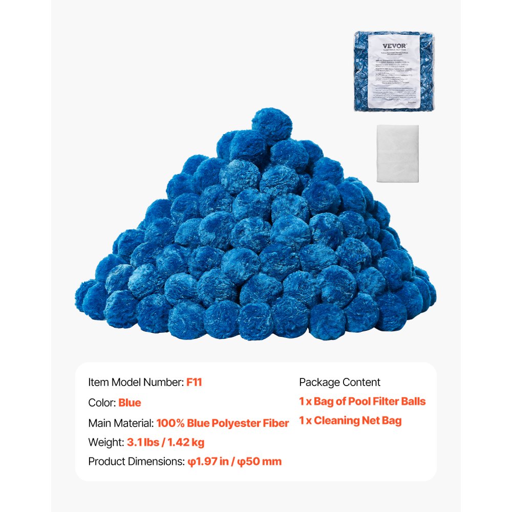 VEVOR Pool Filter Balls for Sand Filter, 1.4 kg/3.1 lbs, Filter Balls Replace Pool Filter Sand, Reusable Blue Polyester Fiber Filter Media with Wash Bag, for Swimming Pool Aquarium Tank Above Ground Pool