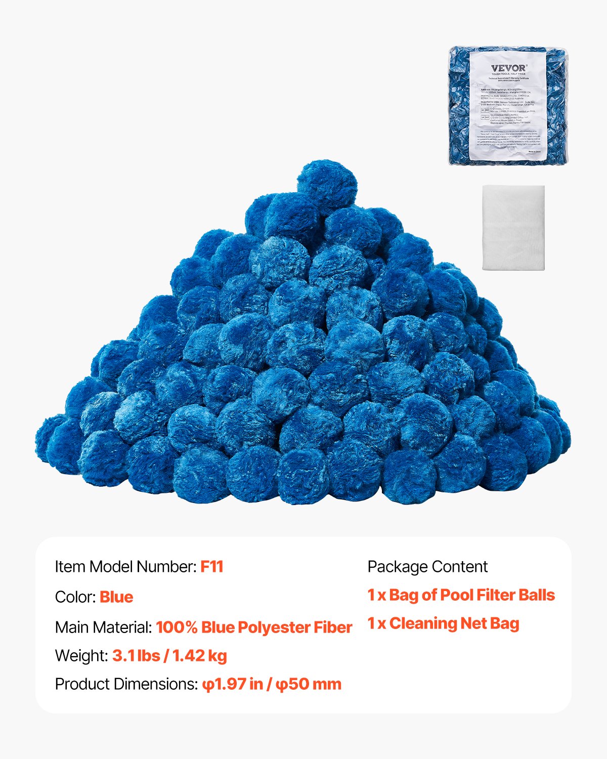 VEVOR Pool Filter Balls for Sand Filter, 1.4 kg/3.1 lbs, Filter Balls Replace Pool Filter Sand, Reusable Blue Polyester Fiber Filter Media with Wash Bag, for Swimming Pool Aquarium Tank Above Ground Pool