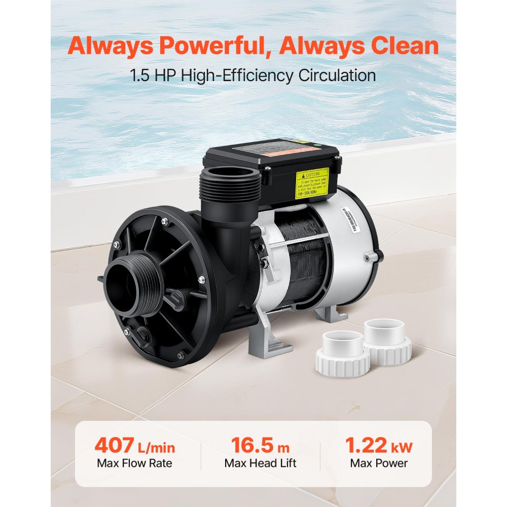 VEVOR SPA Pump, 1.5 HP, 110V Hot Tub Bathtub Circulation Pump with 1.5-Inch Port, 107.5 GPM Max Flow Rate, 54.13 ft/16.5 m Max Head Lift, 110-120V 60Hz, for Gecko #34-402-5002, Watkins #1431501-03