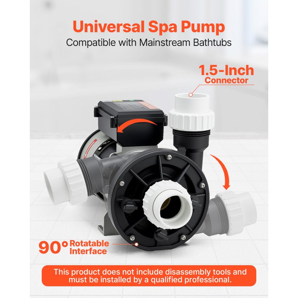 VEVOR SPA Pump, 1.5 HP, 110V Hot Tub Bathtub Circulation Pump with 1.5-Inch Port, 107.5 GPM Max Flow Rate, 54.13 ft/16.5 m Max Head Lift, 110-120V 60Hz, for Gecko #34-402-5002, Watkins #1431501-03