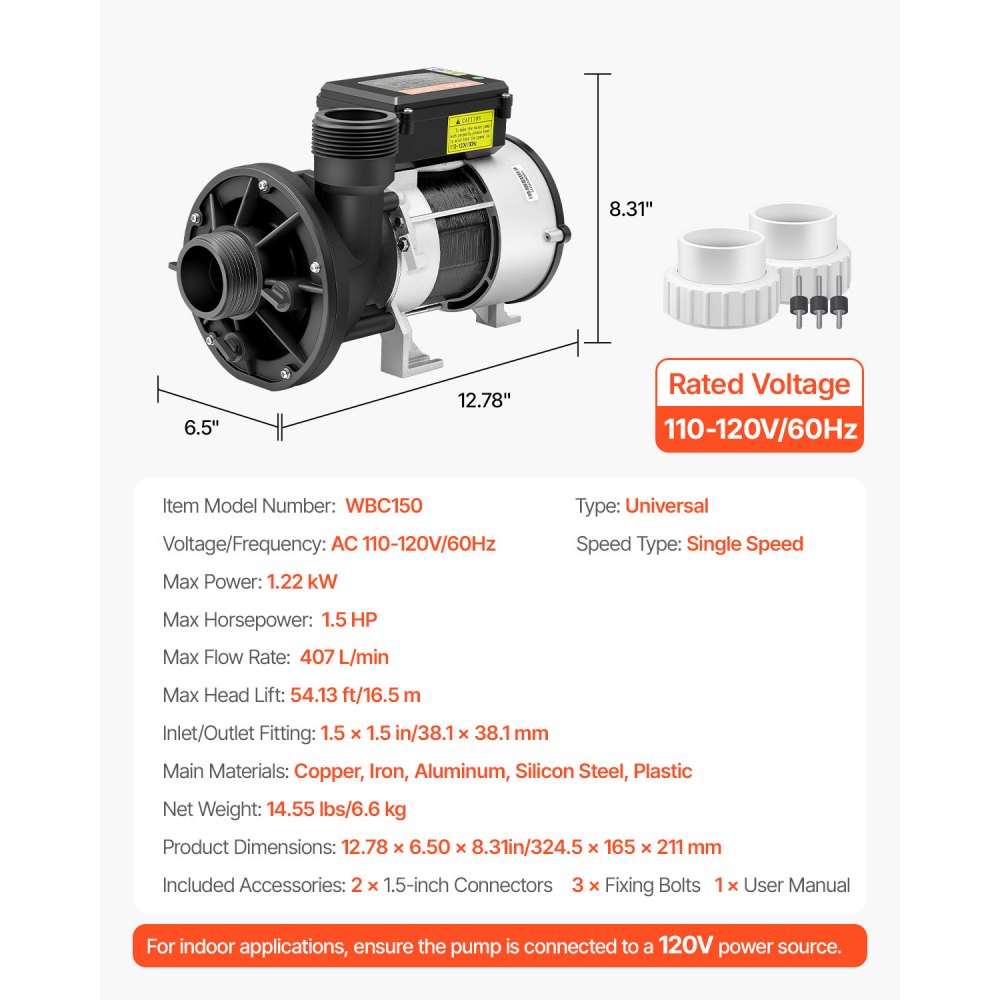VEVOR SPA Pump, 1.5 HP, 110V Hot Tub Bathtub Circulation Pump with 1.5-Inch Port, 107.5 GPM Max Flow Rate, 54.13 ft/16.5 m Max Head Lift, 110-120V 60Hz, for Gecko #34-402-5002, Watkins #1431501-03