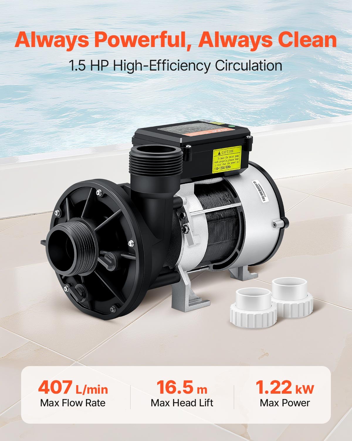 VEVOR SPA Pump, 1.5 HP, 110V Hot Tub Bathtub Circulation Pump with 1.5-Inch Port, 107.5 GPM Max Flow Rate, 54.13 ft/16.5 m Max Head Lift, 110-120V 60Hz, for Gecko #34-402-5002, Watkins #1431501-03
