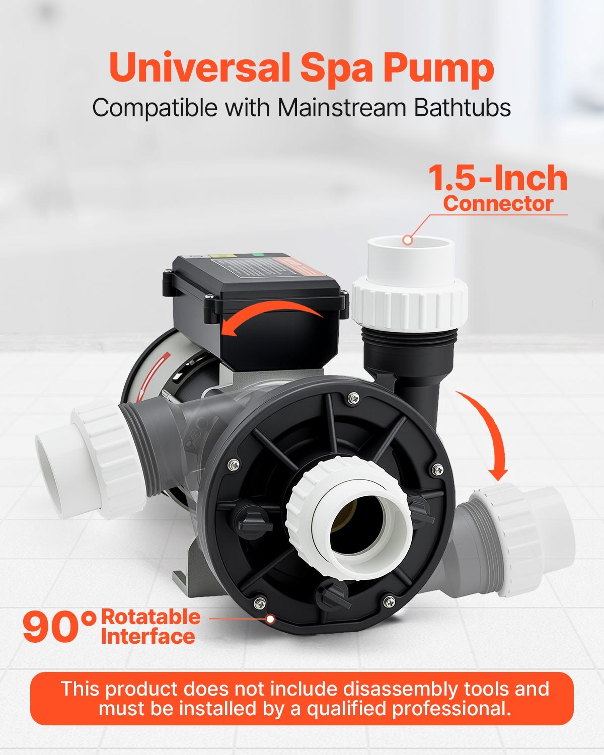 VEVOR SPA Pump, 1.5 HP, 110V Hot Tub Bathtub Circulation Pump with 1.5-Inch Port, 107.5 GPM Max Flow Rate, 54.13 ft/16.5 m Max Head Lift, 110-120V 60Hz, for Gecko #34-402-5002, Watkins #1431501-03