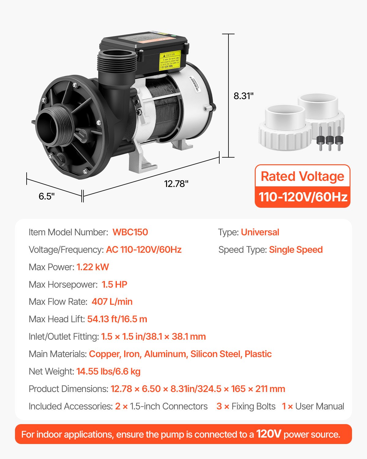 VEVOR SPA Pump, 1.5 HP, 110V Hot Tub Bathtub Circulation Pump with 1.5-Inch Port, 107.5 GPM Max Flow Rate, 54.13 ft/16.5 m Max Head Lift, 110-120V 60Hz, for Gecko #34-402-5002, Watkins #1431501-03