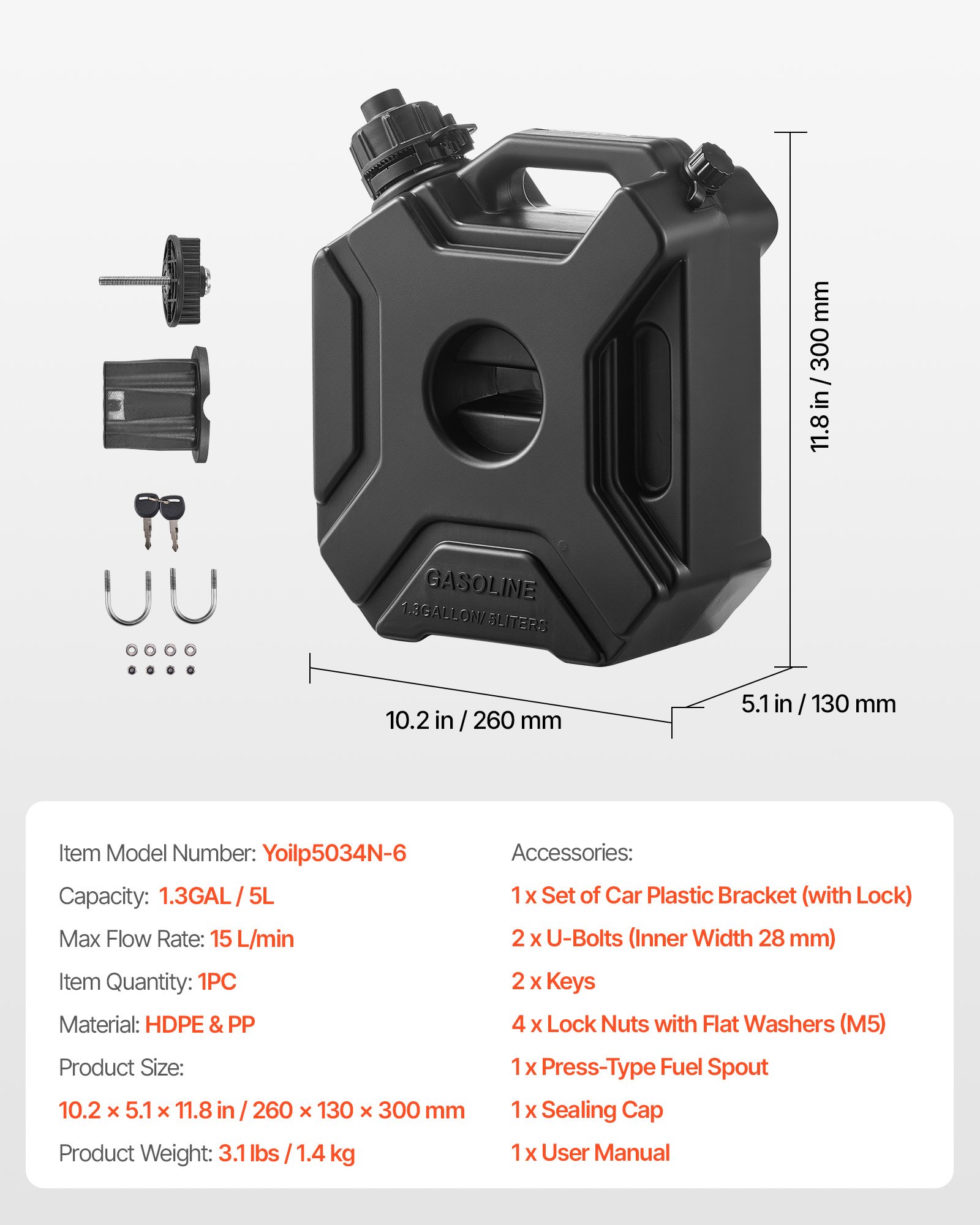 VEVOR Fuel Container, 5 L, Gas Can with Spout and Lockable Bracket, 15 L/min Max Flow Rate, Secure & Leak-proof, Portable Flat Fluid Container for Most Cars Motorcycle ATV UTV, Black