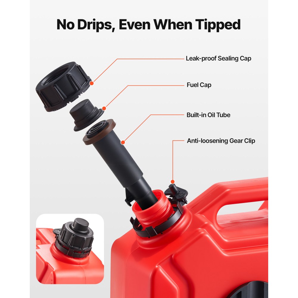 VEVOR Fuel Container, 5 L, Gas Can with Spout and Lockable Bracket, 15 L/min Max Flow Rate, Secure & Leak-proof, Portable Flat Fluid Container for Most Cars Motorcycle ATV UTV, Red