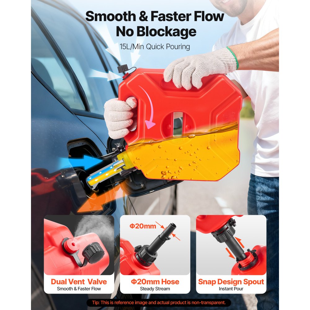 VEVOR Fuel Container, 5 L, Gas Can with Spout and Lockable Bracket, 15 L/min Max Flow Rate, Secure & Leak-proof, Portable Flat Fluid Container for Most Cars Motorcycle ATV UTV, Red