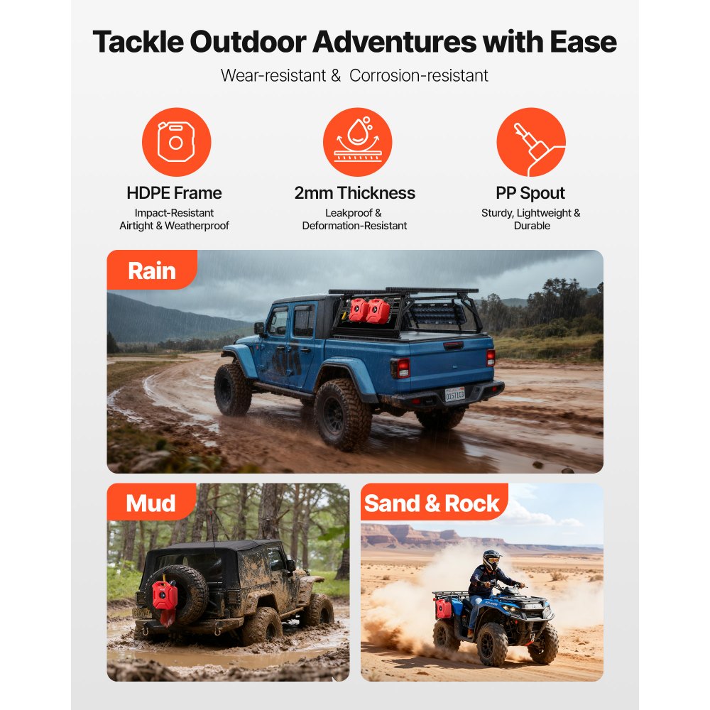 VEVOR Fuel Container, 5 L, Gas Can with Spout and Lockable Bracket, 15 L/min Max Flow Rate, Secure & Leak-proof, Portable Flat Fluid Container for Most Cars Motorcycle ATV UTV, Red