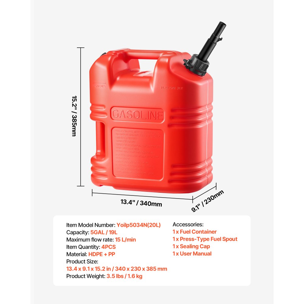 VEVOR Fuel Container, 19 L, Gas Tank with Spout & Clear Scale, 15 L/min Max Flow Rate, Secure & Leak-proof, Portable Flat Fluid Container for Most Cars Motorcycle ATV UTV, Red, 4 Packs