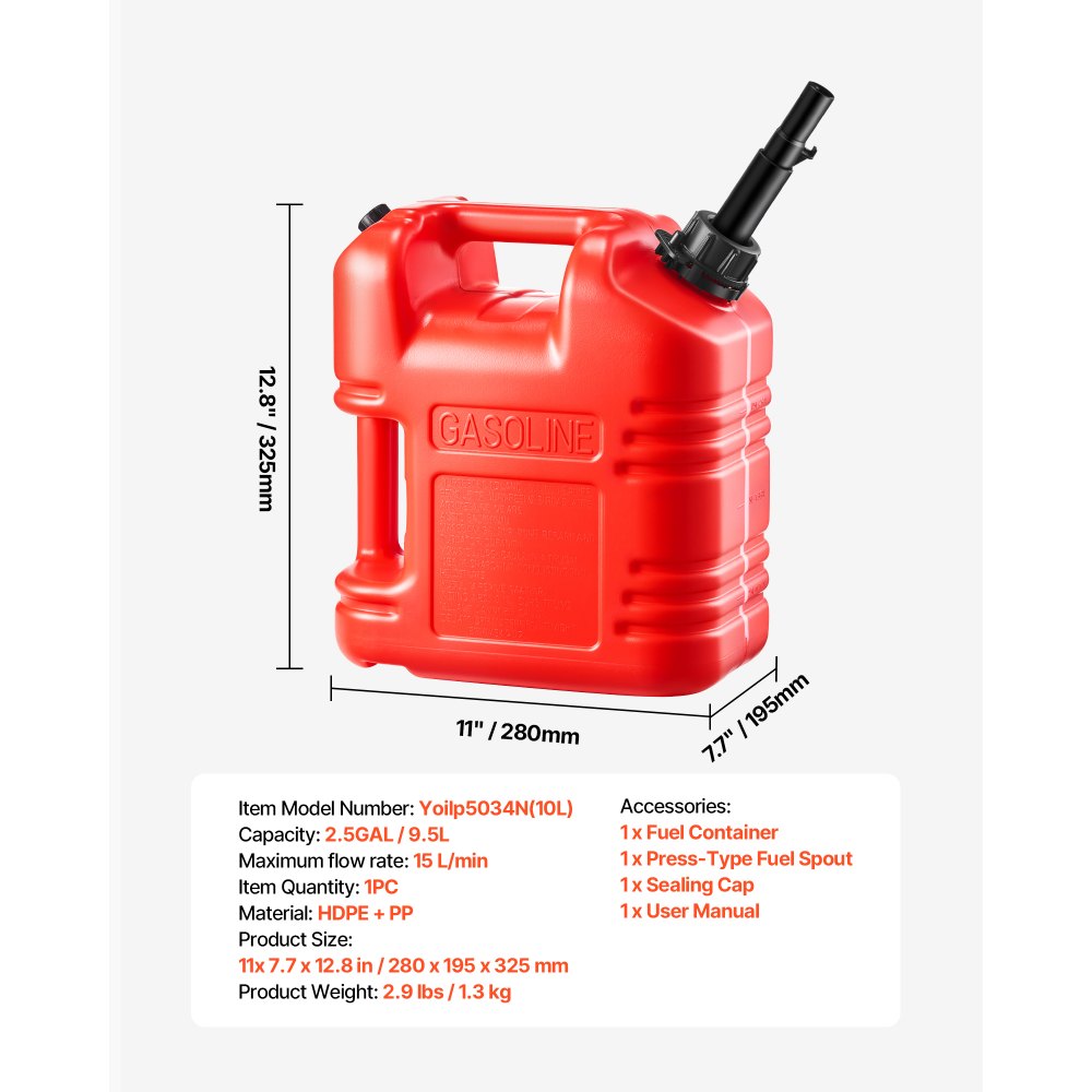 VEVOR Fuel Container, 9.5 L, Gas Tank with Spout & Clear Scale, 15 L/min Max Flow Rate, Secure & Leak-proof, Portable Flat Fluid Container for Most Cars Motorcycle ATV UTV, Red, 1 Pack