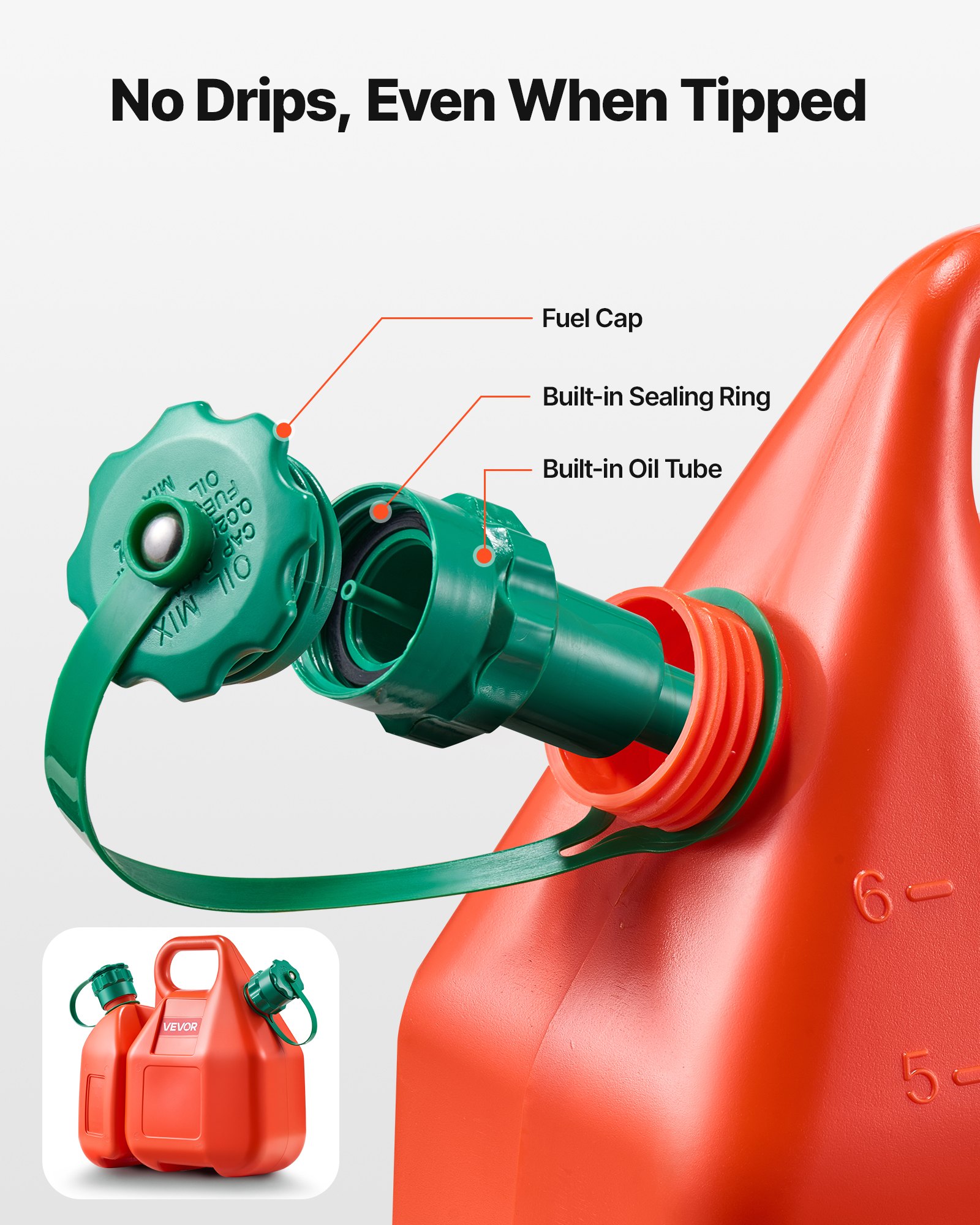 Contenedor de combustible VEVOR, 1.6 galones, tanque de combustible con boquilla y contenedor de aceite adicional de 0.5 galones, caudal máximo de 5.5 l/min, contenedor plano portátil y a prueba de fugas para la mayoría de automóviles, motocicletas, cuatrimotos y vehículos utilitarios.