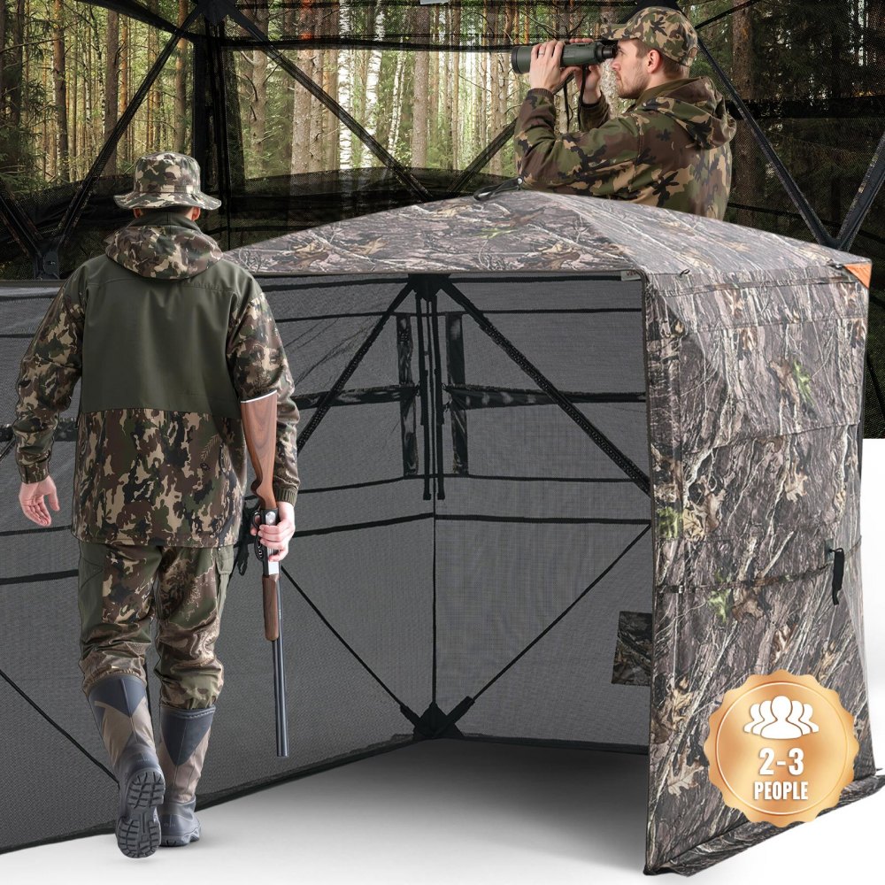 VEVOR Hunting Blind, 2-3 Person See Through Ground Blinds with Carrying Bag, 360 Degree Portable Camouflage Tent, Durable Concealed Shelter with Silent Side Door and Window, for Turkey and Deer