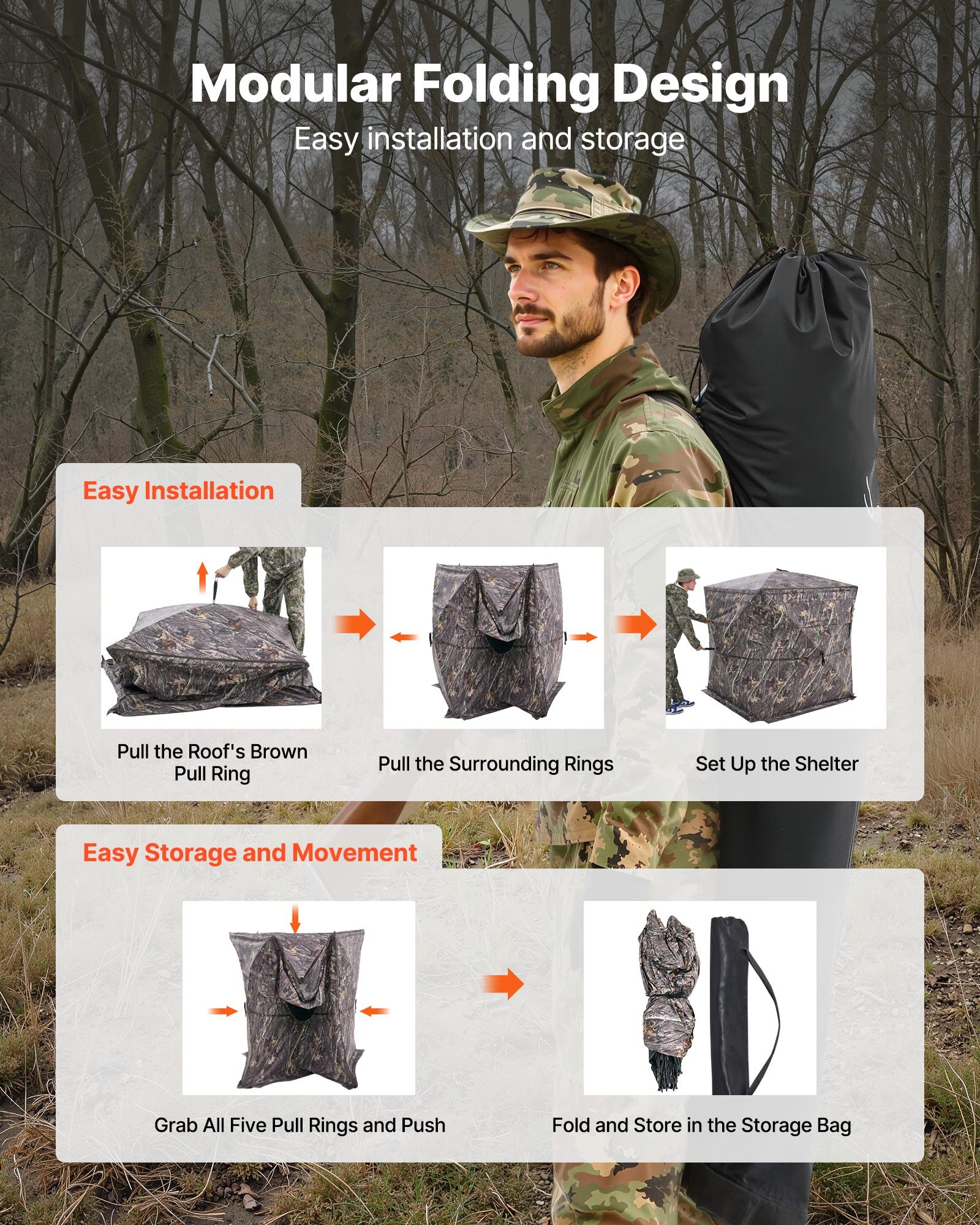 VEVOR Hunting Blind, 2-3 Person See Through Ground Blinds with Carrying Bag, 360 Degree Portable Camouflage Tent, Durable Concealed Shelter with Silent Side Door and Window, for Turkey and Deer