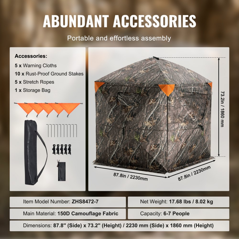 VEVOR Hunting Blind, 288° See Through Ground Blind, 6-7 Person Pop Up Deer Blind for Hunting with Carrying Bag, Portable Resilient Hunting Tent, 4 Horizontal Windows for Turkey and Deer Hunting
