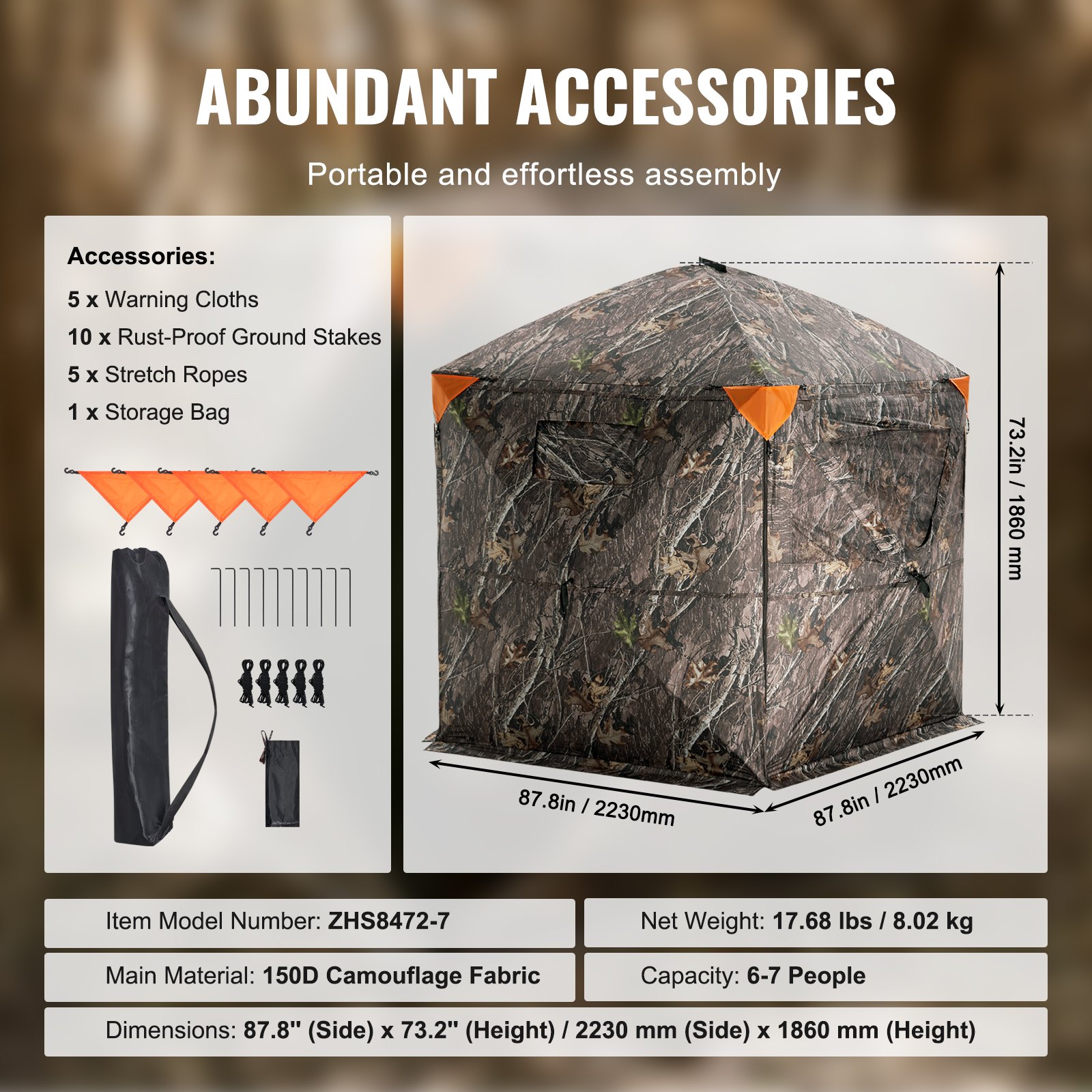 VEVOR Hunting Blind, 288° See Through Ground Blind, 6-7 Person Pop Up Deer Blind for Hunting with Carrying Bag, Portable Resilient Hunting Tent, 4 Horizontal Windows for Turkey and Deer Hunting
