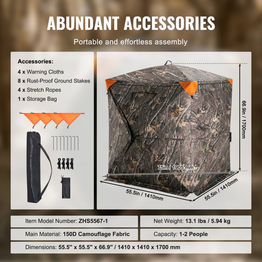 VEVOR Hunting Blind, 270° See Through Ground Blind, 1-2 Person Pop Up Deer Blind for Hunting with Carrying Bag, Portable Resilient Hunting Tent, One-Way See-Through Mesh for Turkey and Deer Hunting